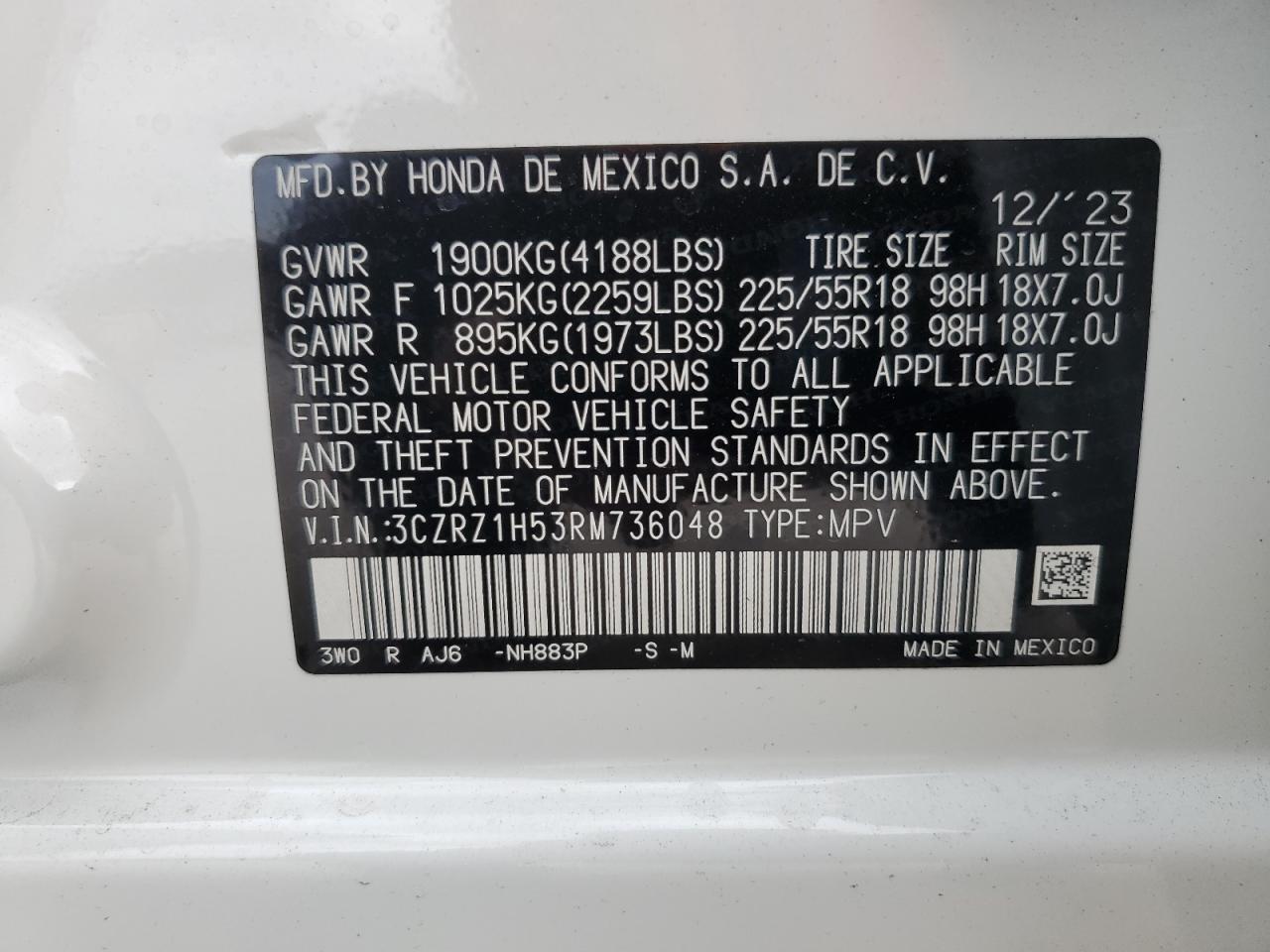 2024 Honda Hr-V Sport VIN: 3CZRZ1H53RM736048 Lot: 42403134
