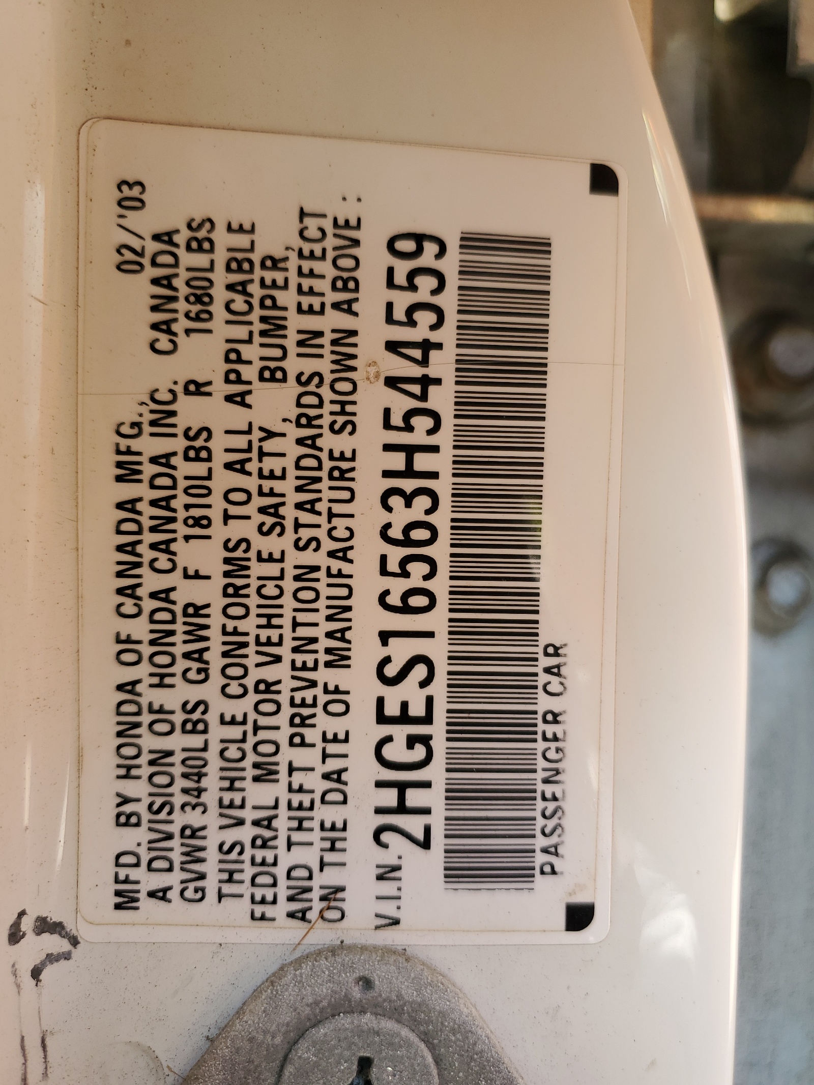 2HGES16563H544559 2003 Honda Civic Lx