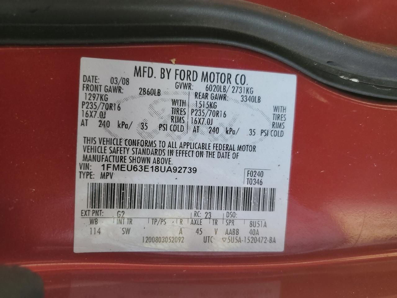 2008 Ford Explorer Xlt VIN: 1FMEU63E18UA92739 Lot: 74454974