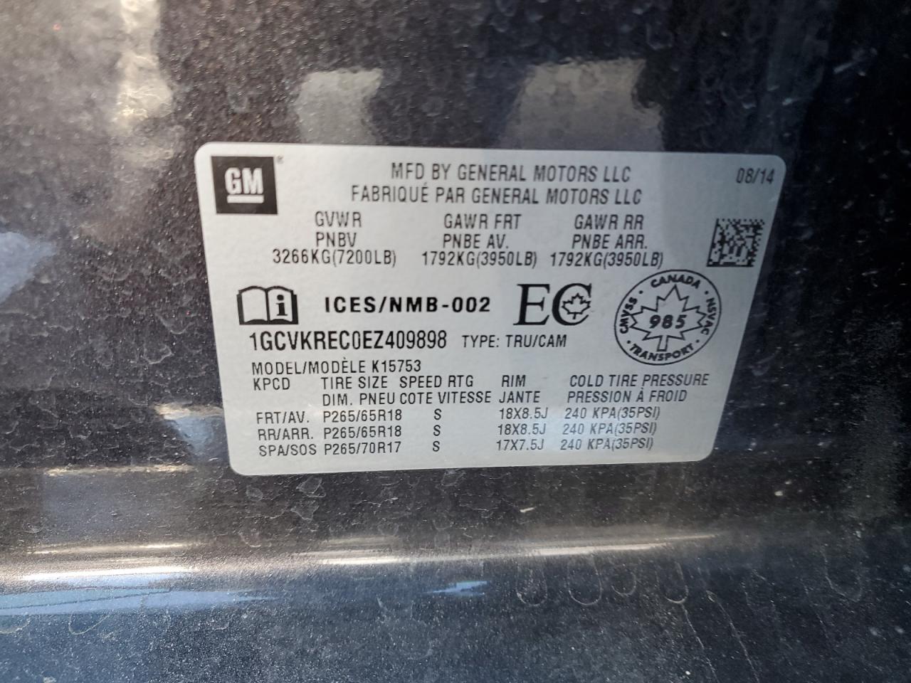 2014 Chevrolet Silverado K1500 Lt VIN: 1GCVKREC0EZ409898 Lot: 88444785