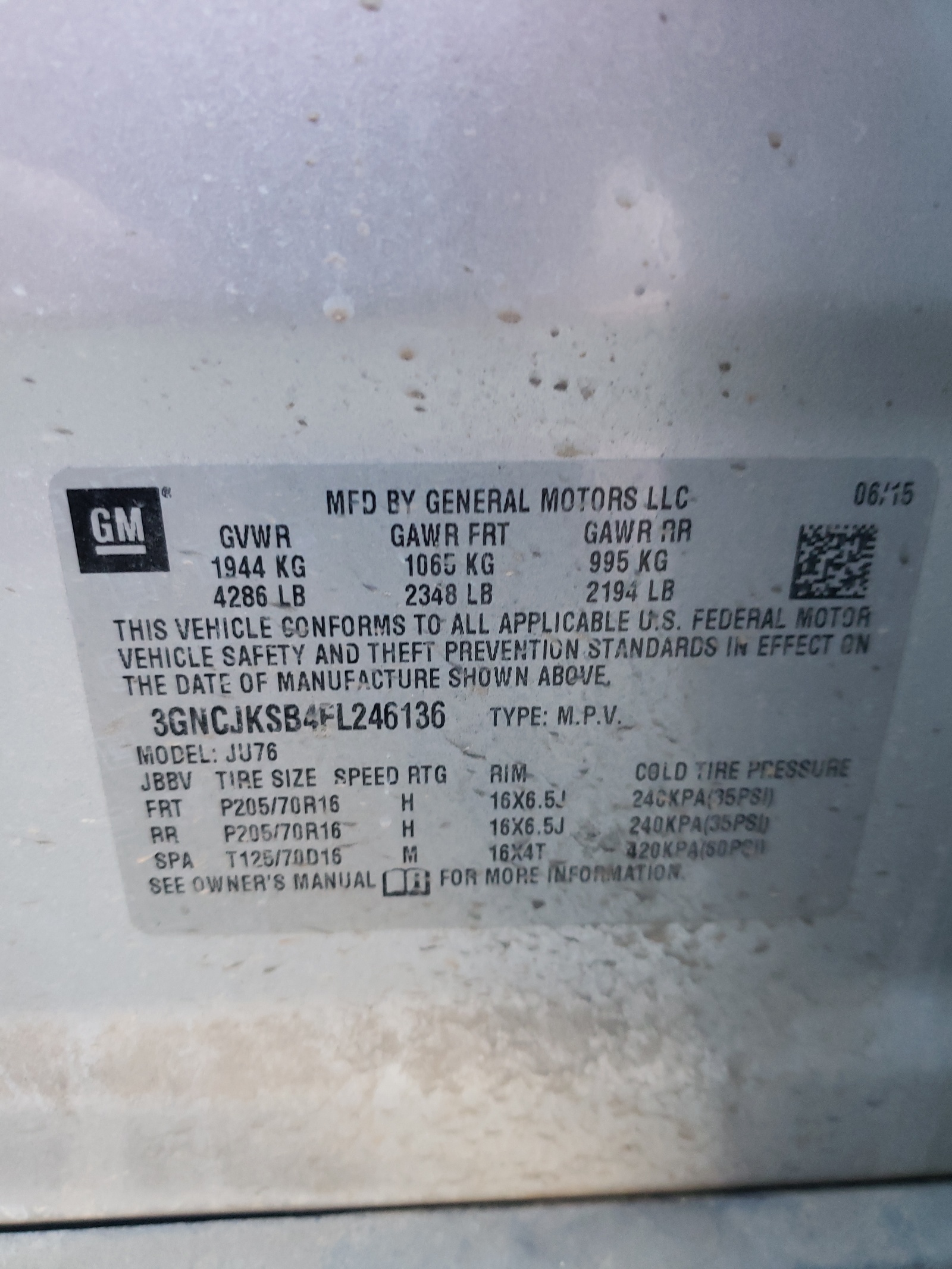 3GNCJKSB4FL246136 2015 Chevrolet Trax Ls