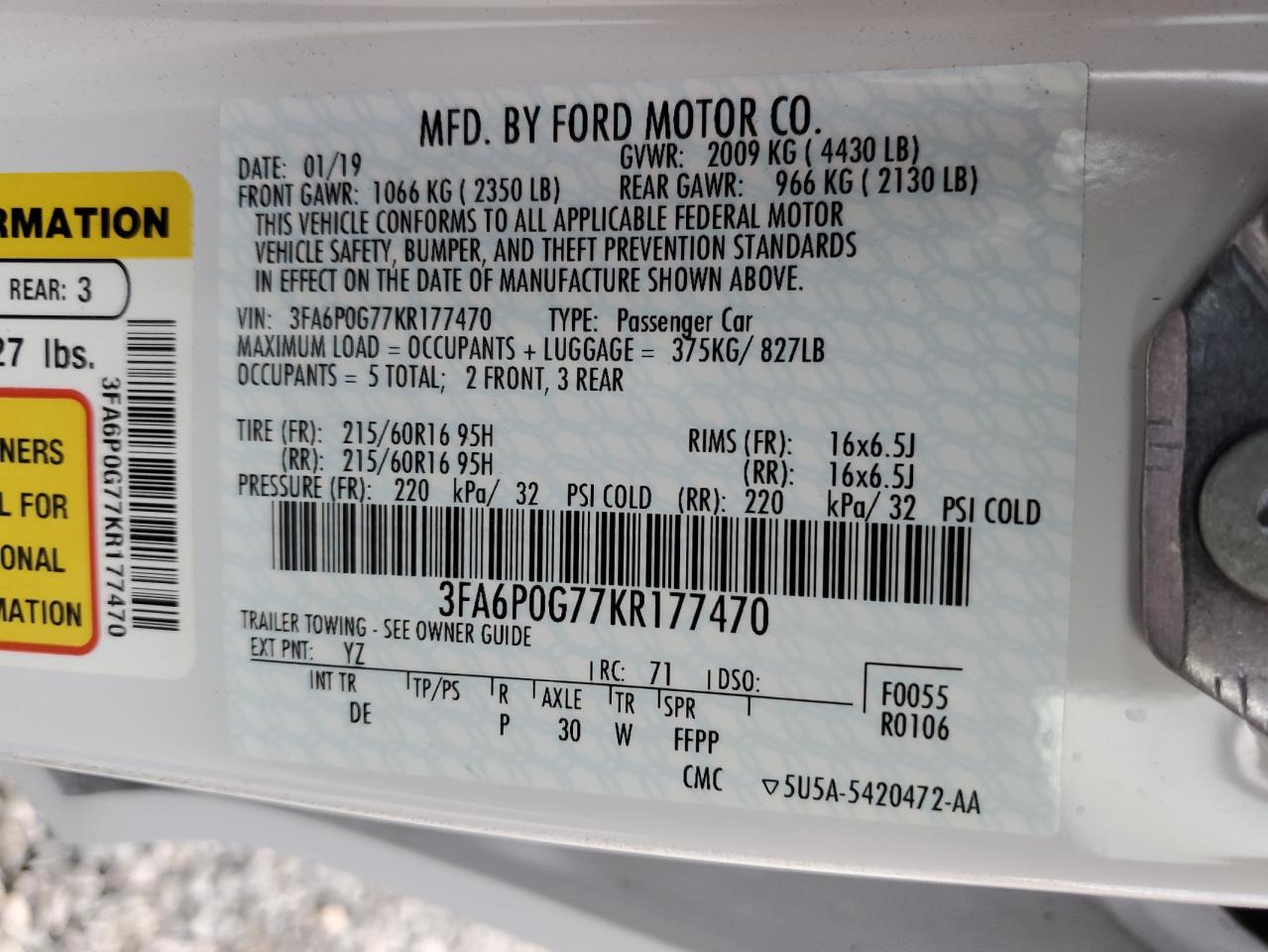 3FA6P0G77KR177470 2019 Ford Fusion S