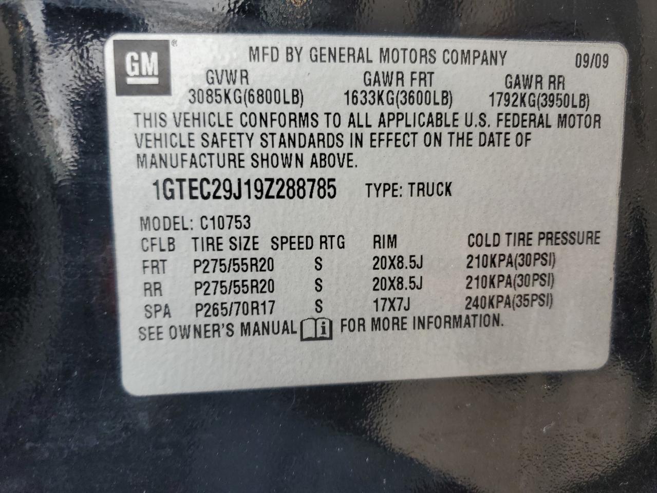 2009 GMC Sierra C1500 Sle VIN: 1GTEC29J19Z288785 Lot: 49695534