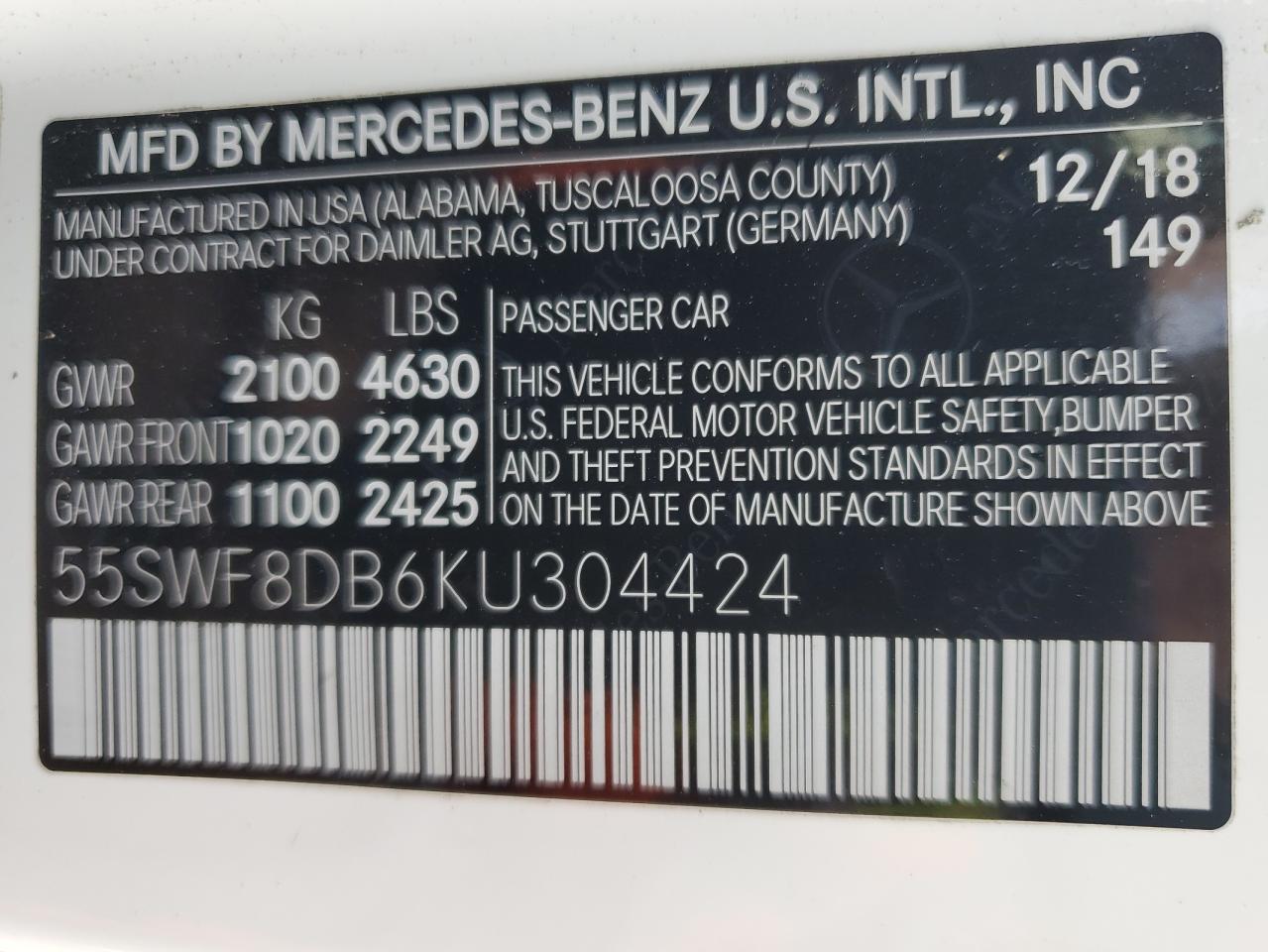 2019 Mercedes-Benz C 300 VIN: 55SWF8DB6KU304424 Lot: 44412494