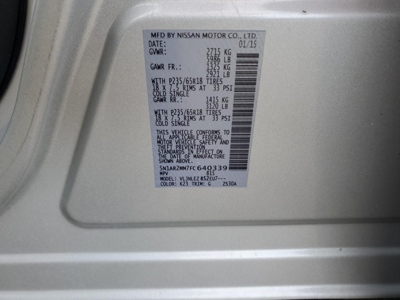 2015 Nissan Pathfinder S VIN: 5N1AR2MM7FC640339 Lot: 67140094