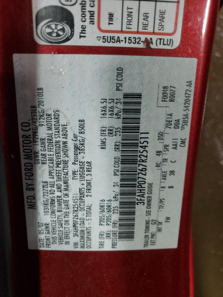 2007 Ford Fusion Se VIN: 3FAHP07Z67R254511 Lot: 41134584