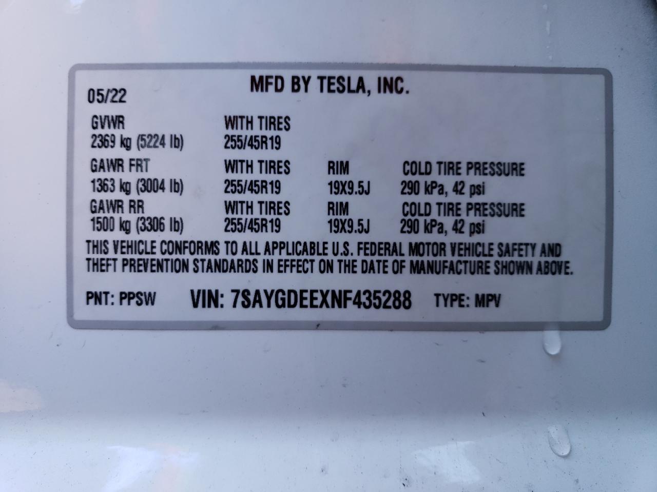 7SAYGDEEXNF435288 2022 Tesla Model Y