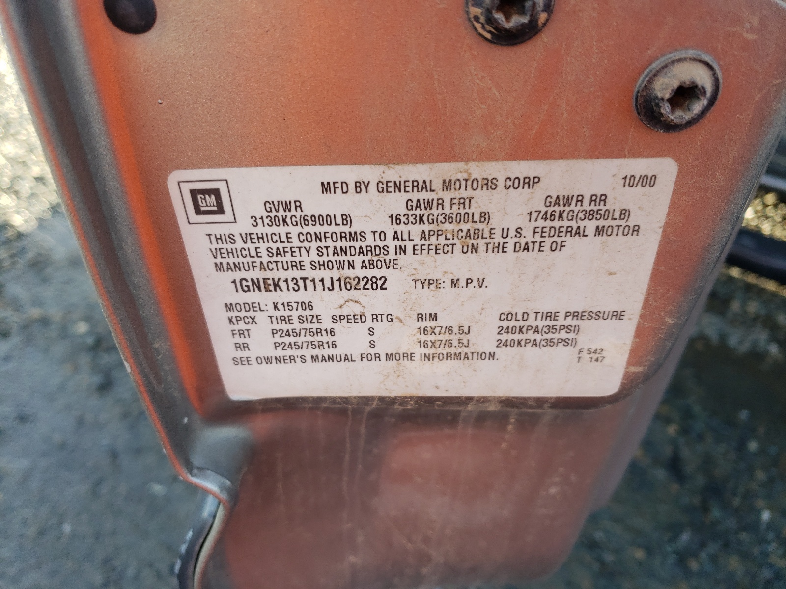 1GNEK13T11J162282 2001 Chevrolet Tahoe K1500