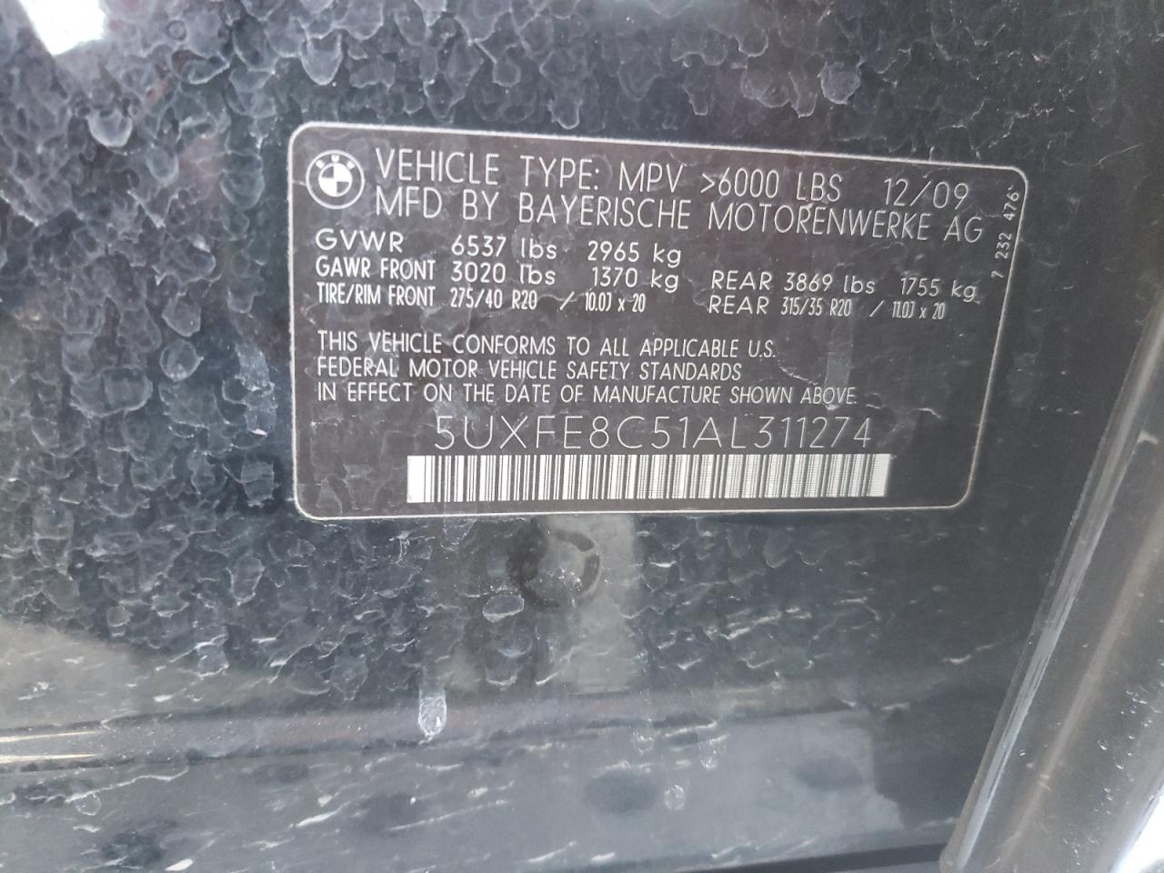2010 BMW X5 xDrive48I VIN: 5UXFE8C51AL311274 Lot: 47546384