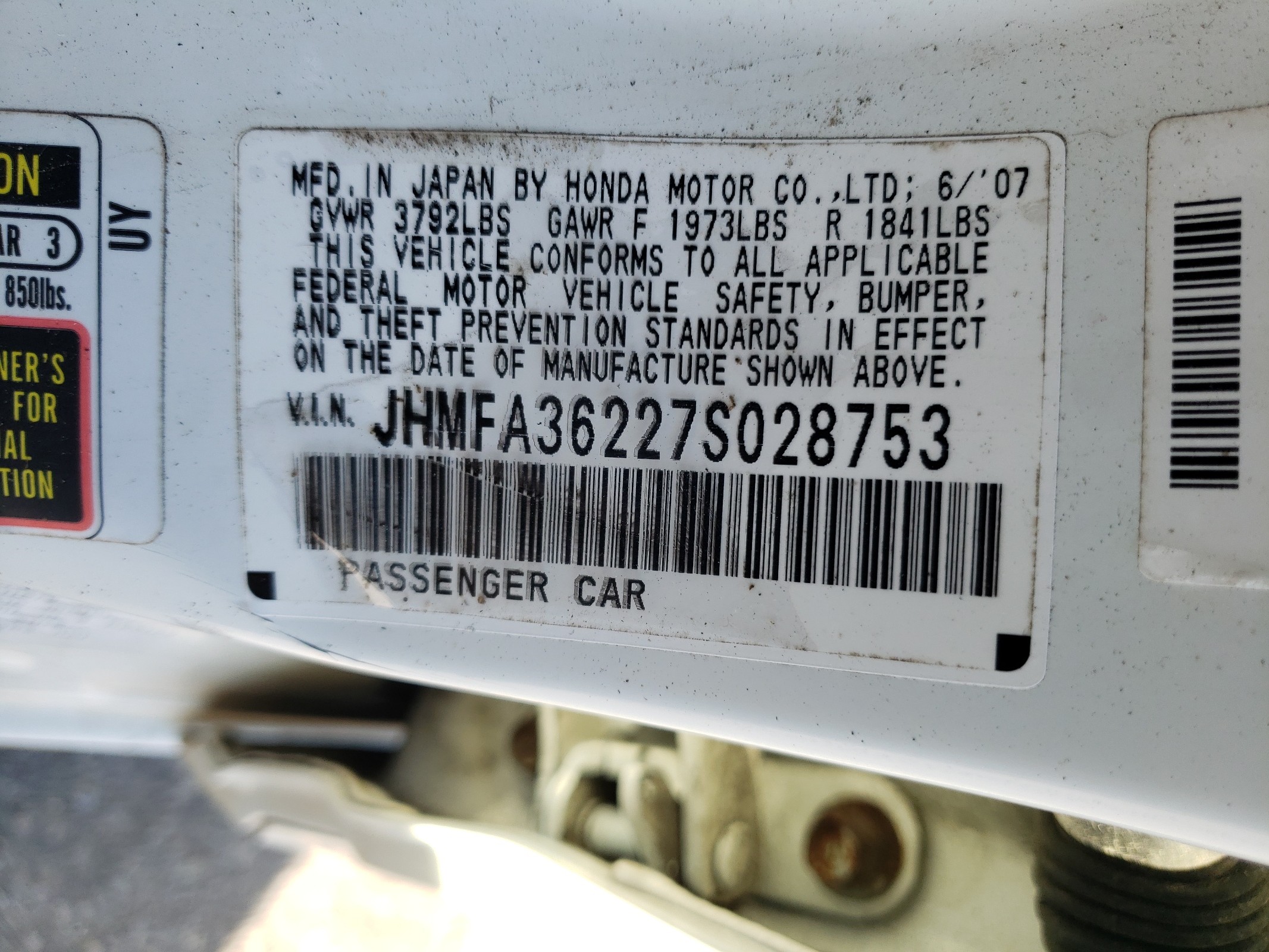 JHMFA36227S028753 2007 Honda Civic Hybrid