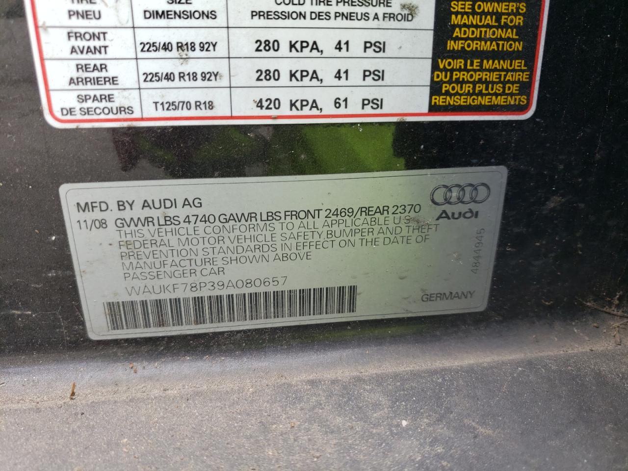 2009 Audi A3 2.0T Quattro VIN: WAUKF78P39A080657 Lot: 45105274