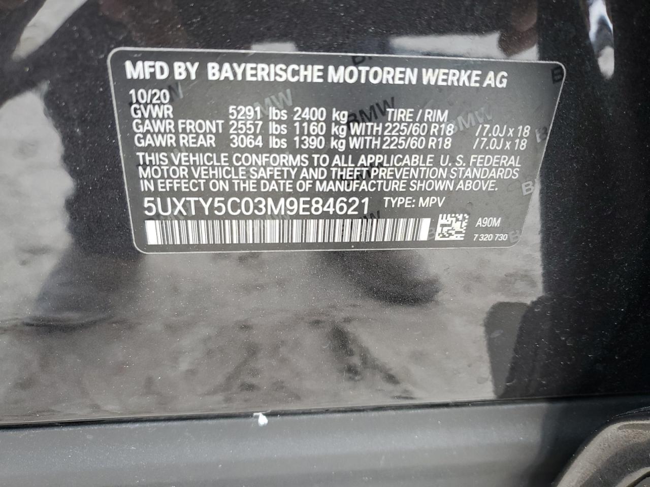 2021 BMW X3 xDrive30I VIN: 5UXTY5C03M9E84621 Lot: 41777764