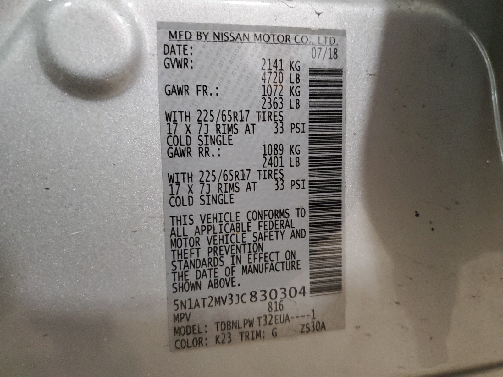 5N1AT2MV3JC830304 2018 Nissan Rogue S