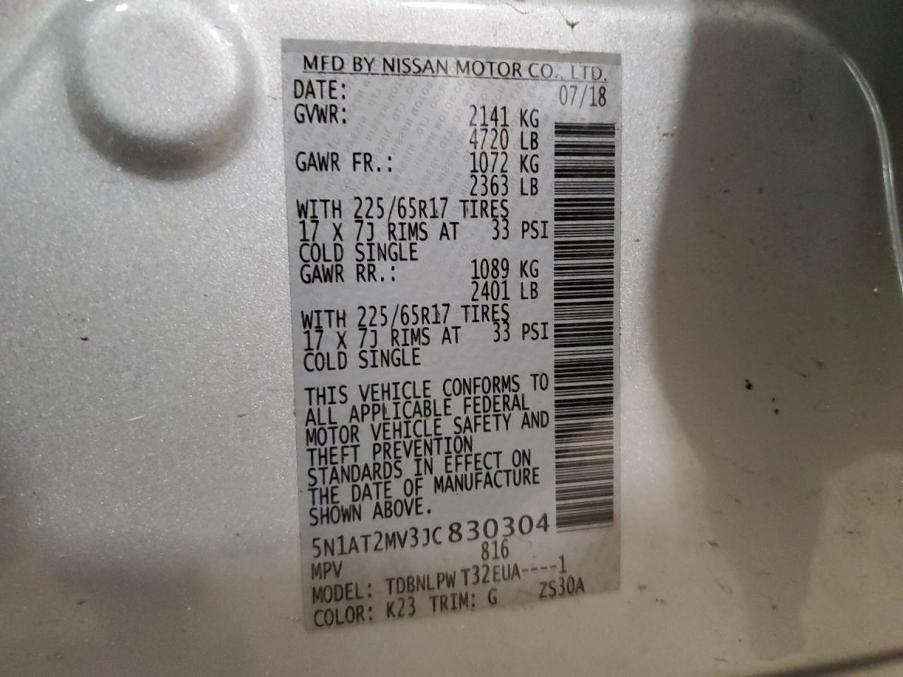 2018 Nissan Rogue S VIN: 5N1AT2MV3JC830304 Lot: 65219214