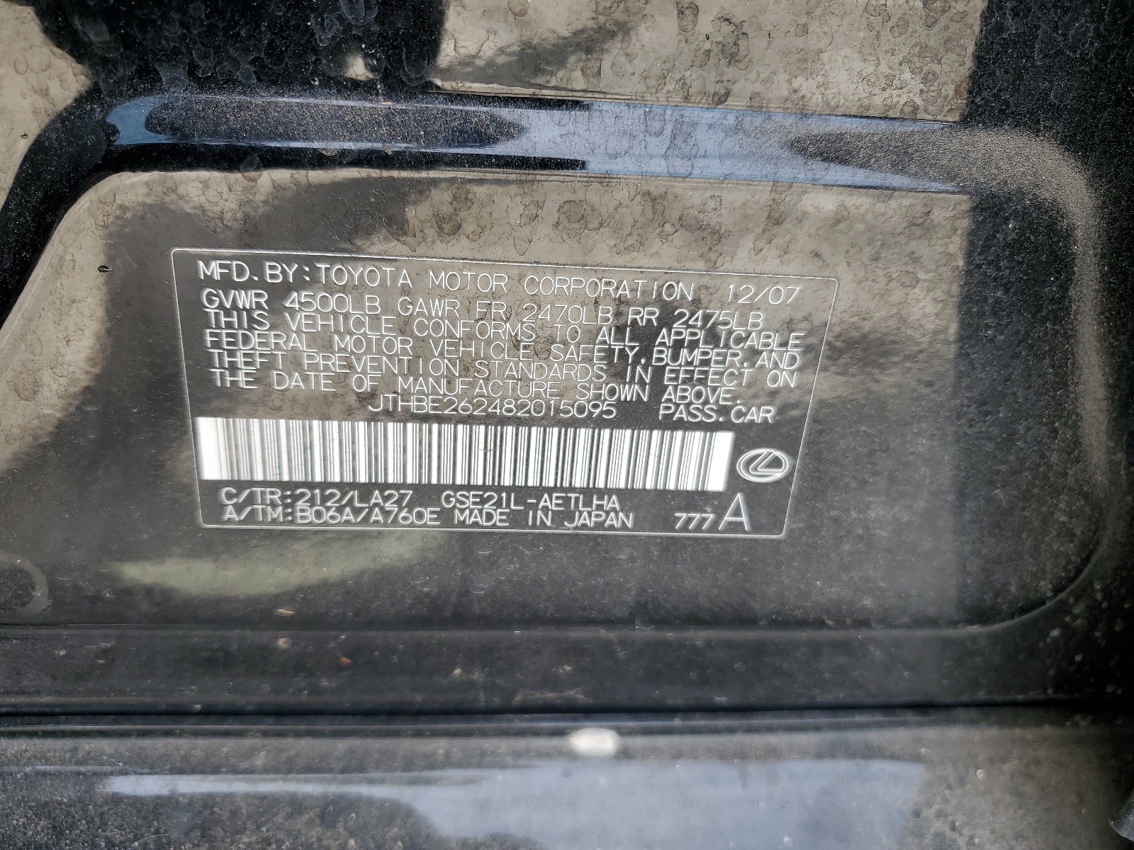 JTHBE262482015095 2008 Lexus Is 350