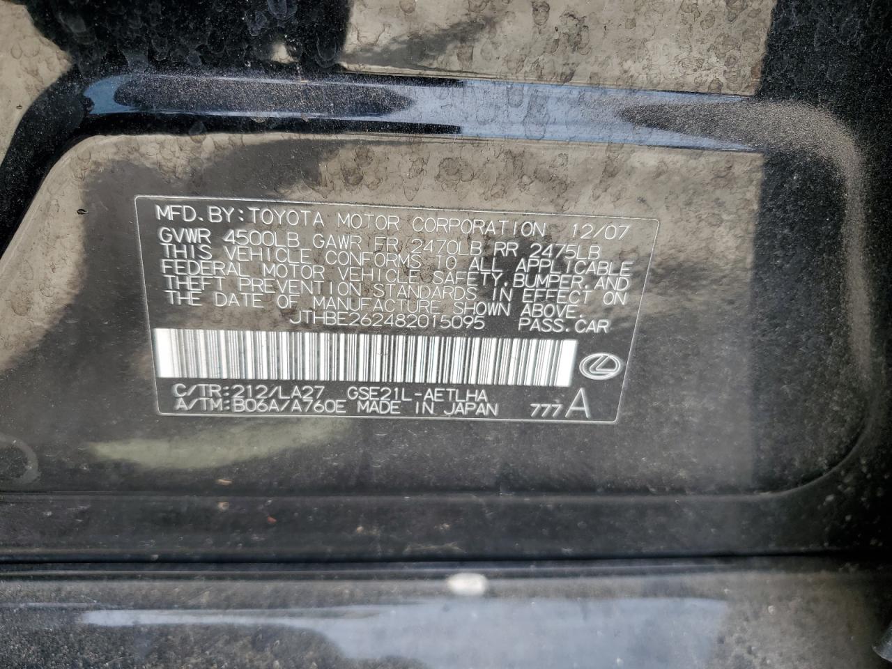 2008 Lexus Is 350 VIN: JTHBE262482015095 Lot: 44619914