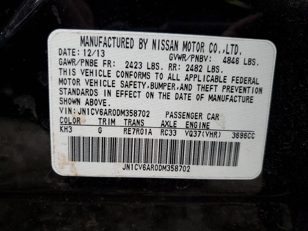 2013 Infiniti G37 VIN: JN1CV6AR0DM358702 Lot: 40505174