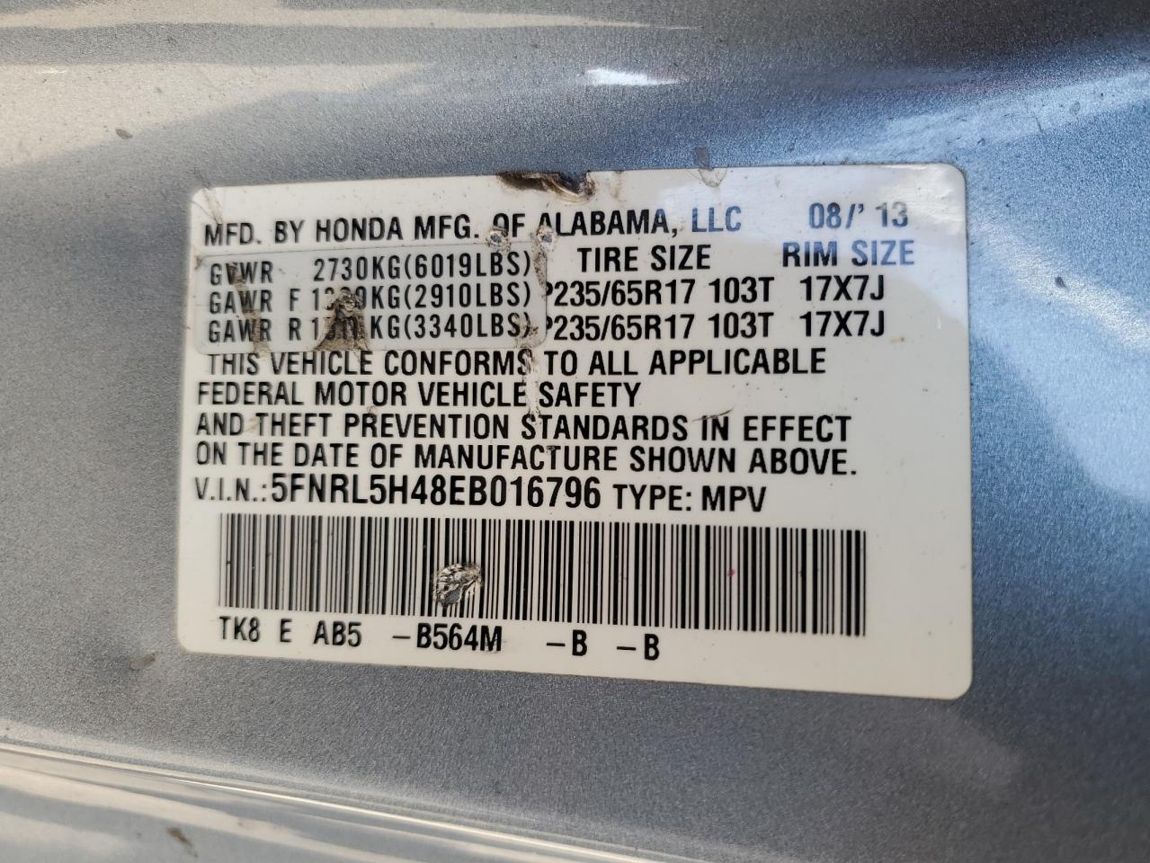 5FNRL5H48EB016796 2014 Honda Odyssey Ex