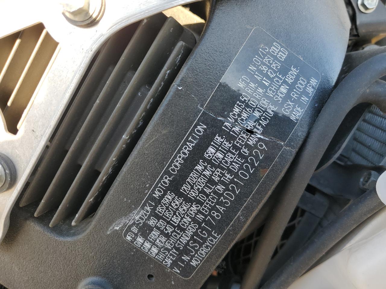 2013 Suzuki Gsx-R1000 VIN: JS1GT78A3D2102229 Lot: 86279224