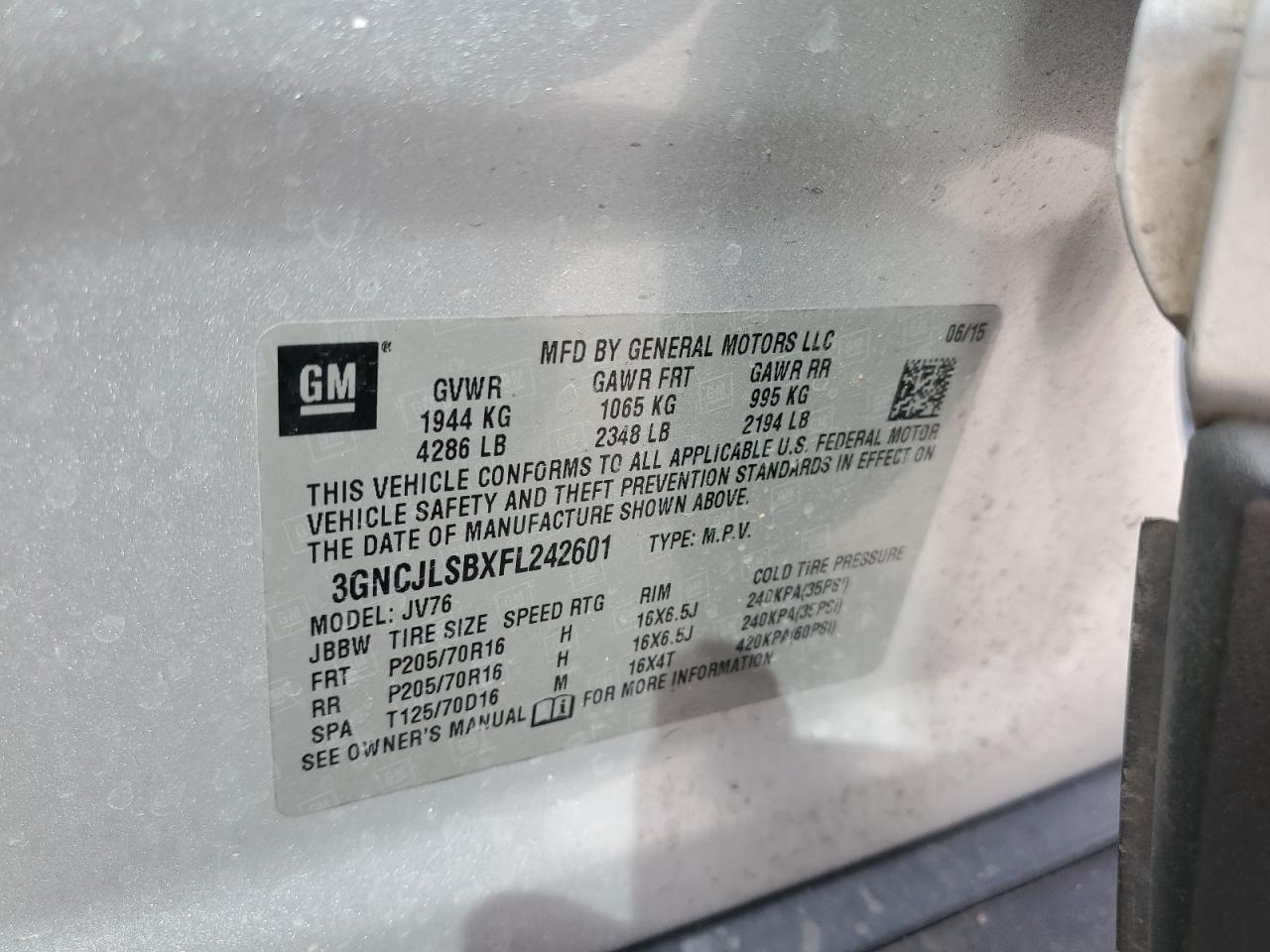 2015 Chevrolet Trax 1Lt VIN: 3GNCJLSBXFL242601 Lot: 42050464