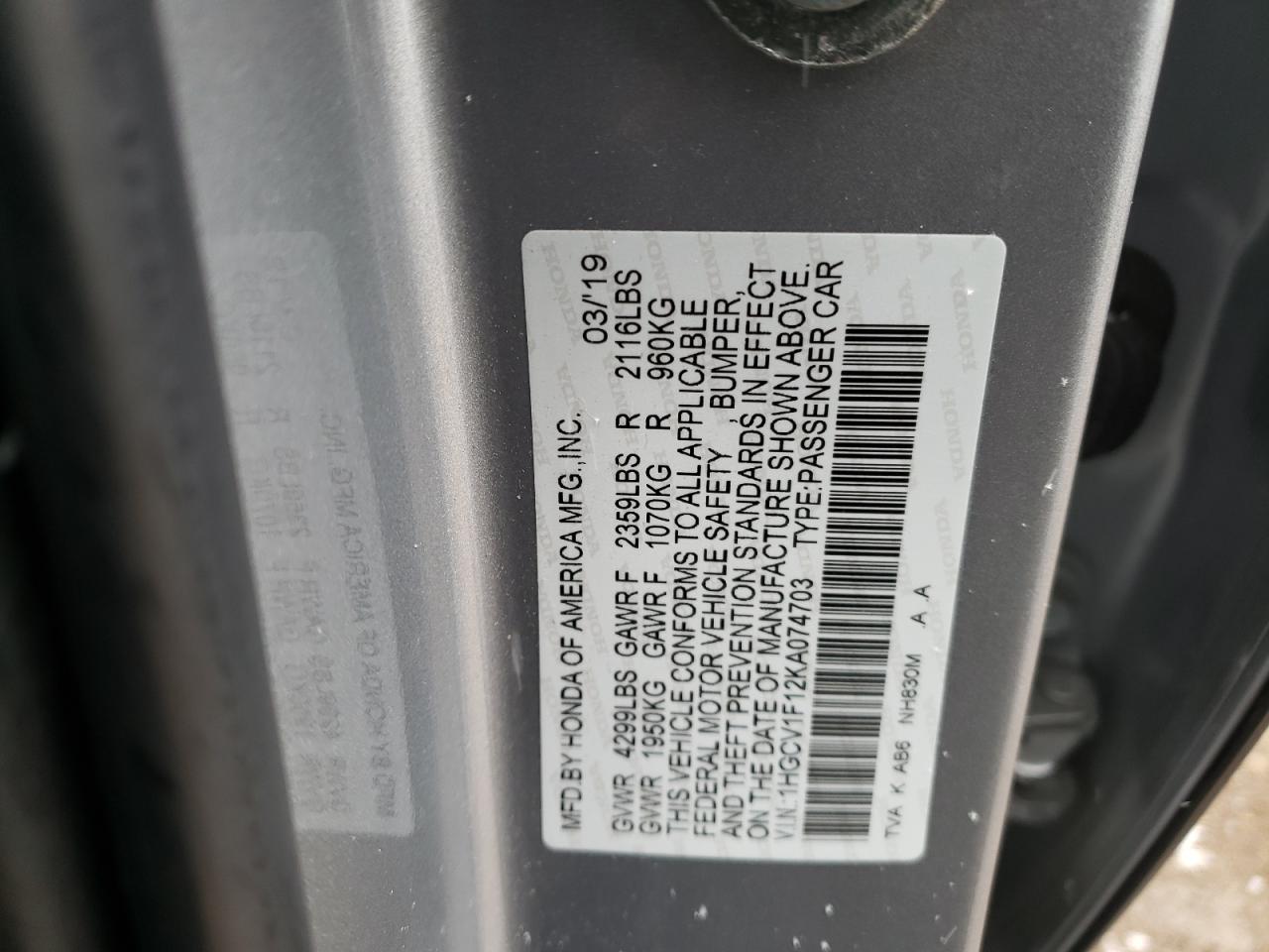 1HGCV1F12KA074703 2019 Honda Accord Lx