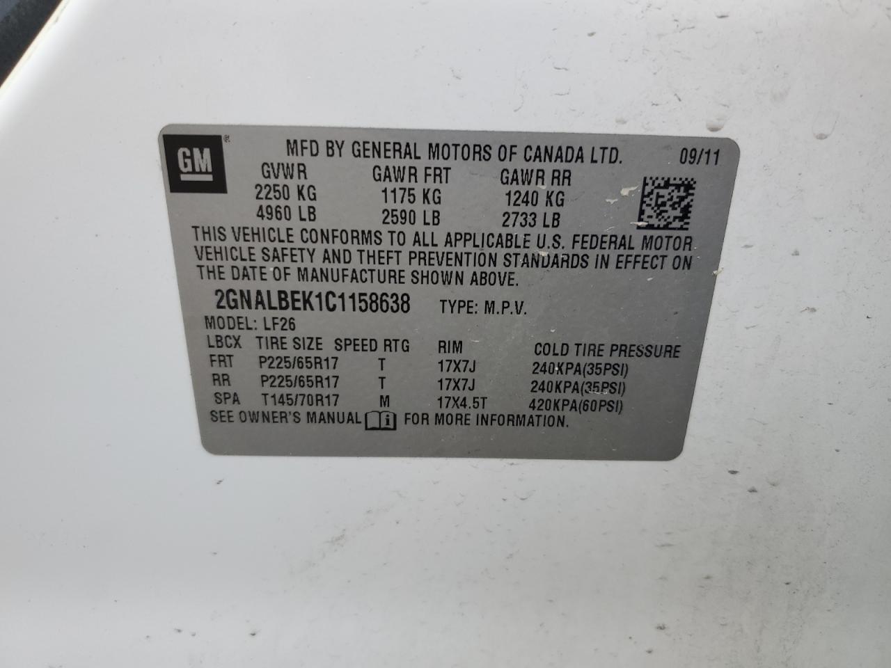 2012 Chevrolet Equinox Ls VIN: 2GNALBEK1C1158638 Lot: 58382184