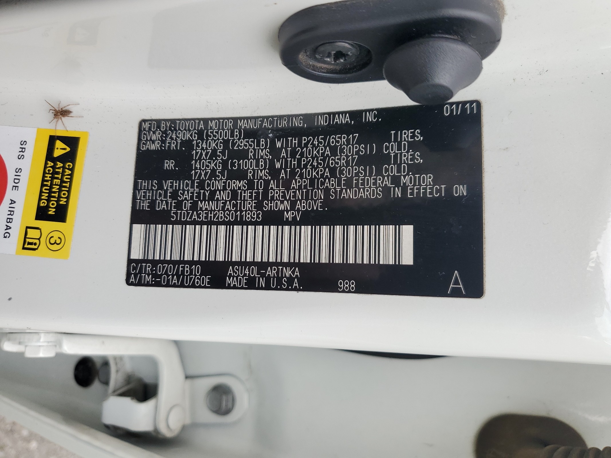 5TDZA3EH2BS011893 2011 Toyota Highlander Base