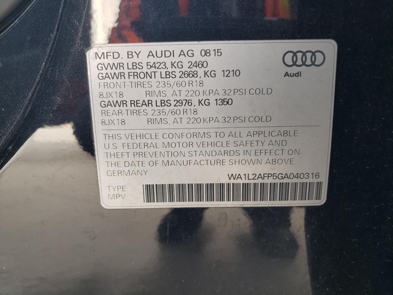 2016 Audi Q5 Premium Plus VIN: WA1L2AFP5GA040316 Lot: 43591444