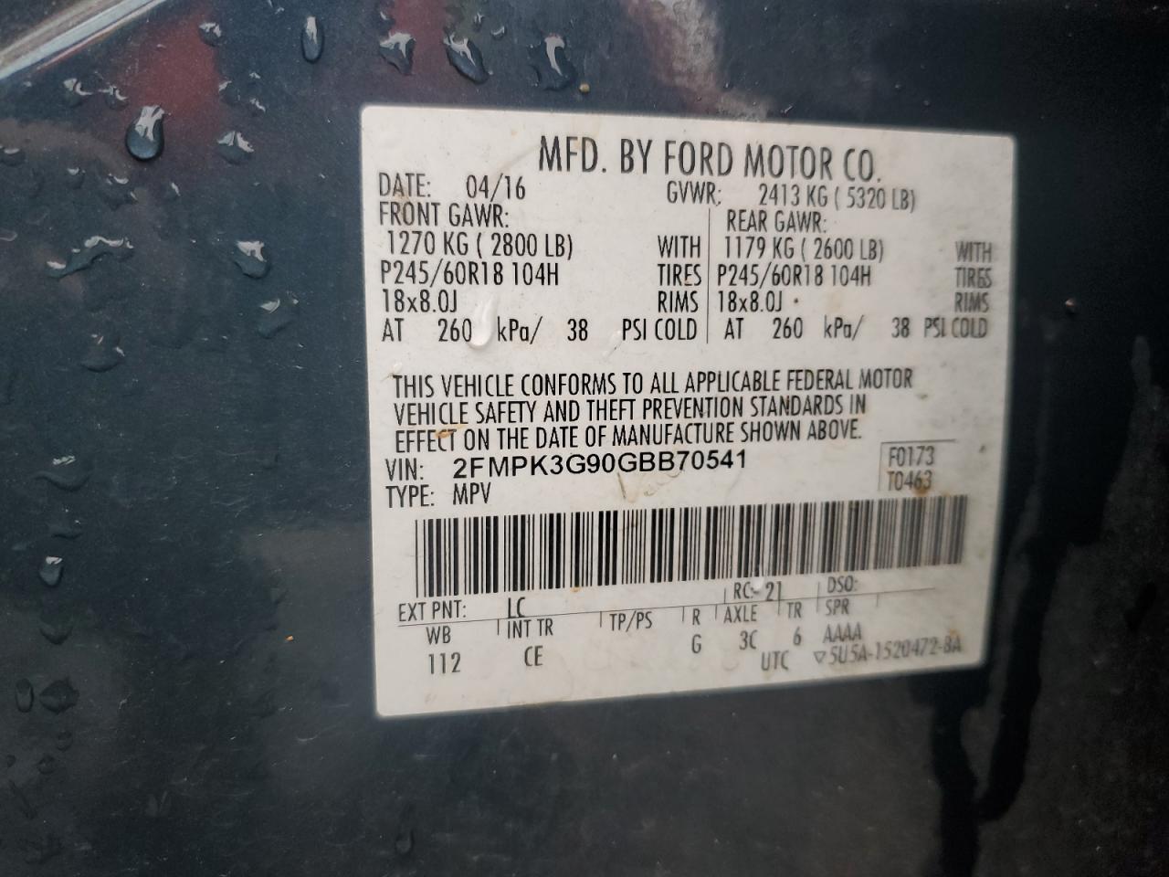 2016 Ford Edge Se VIN: 2FMPK3G90GBB70541 Lot: 42595984