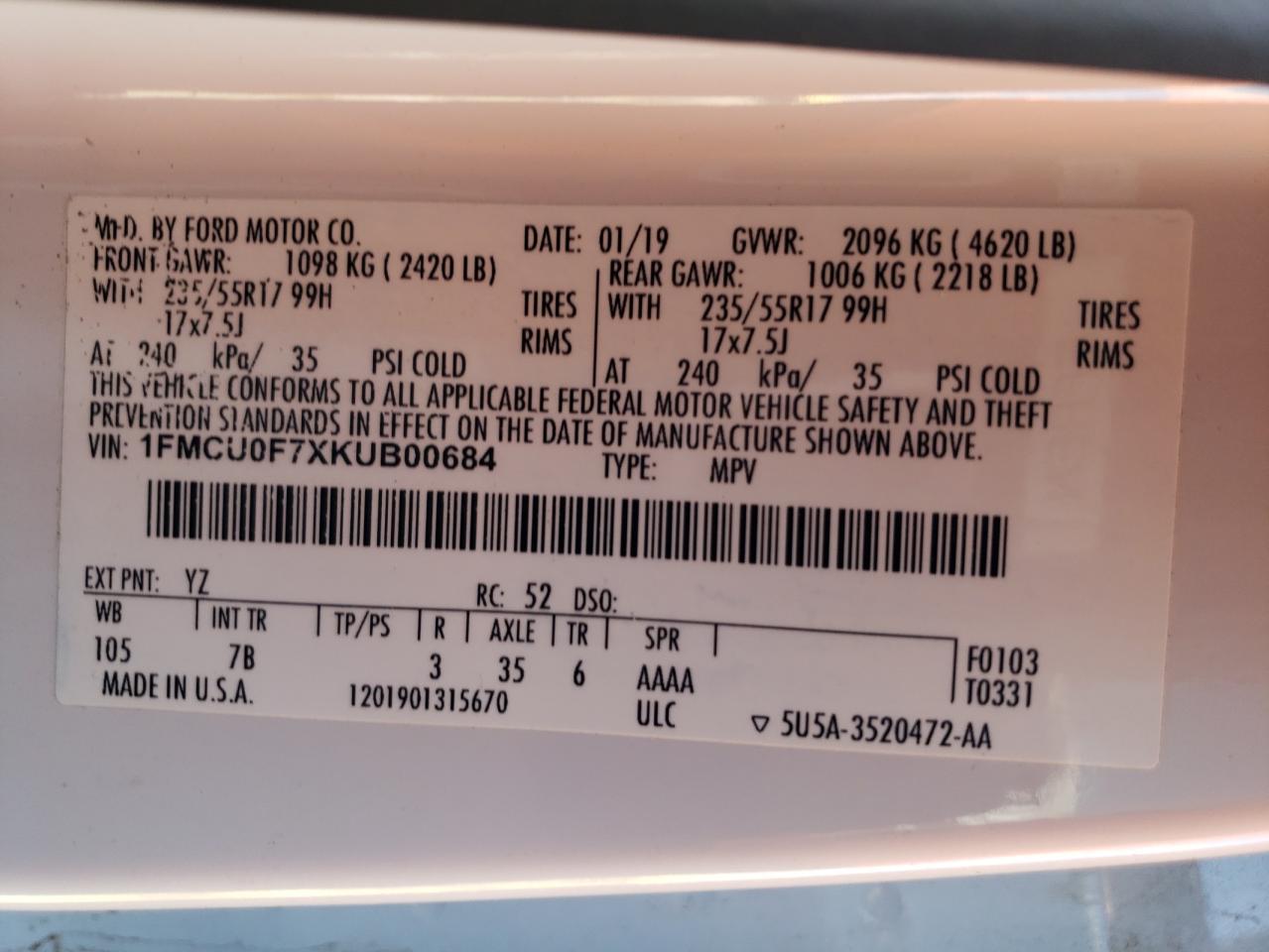 1FMCU0F7XKUB00684 2019 Ford Escape S