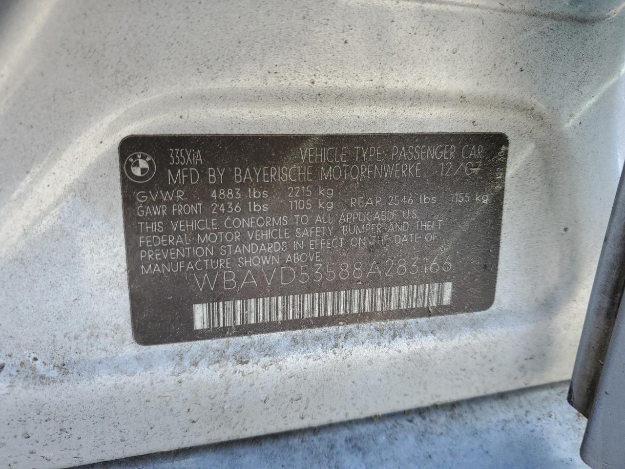 2008 BMW 335 Xi VIN: WBAVD53588A283166 Lot: 43511824