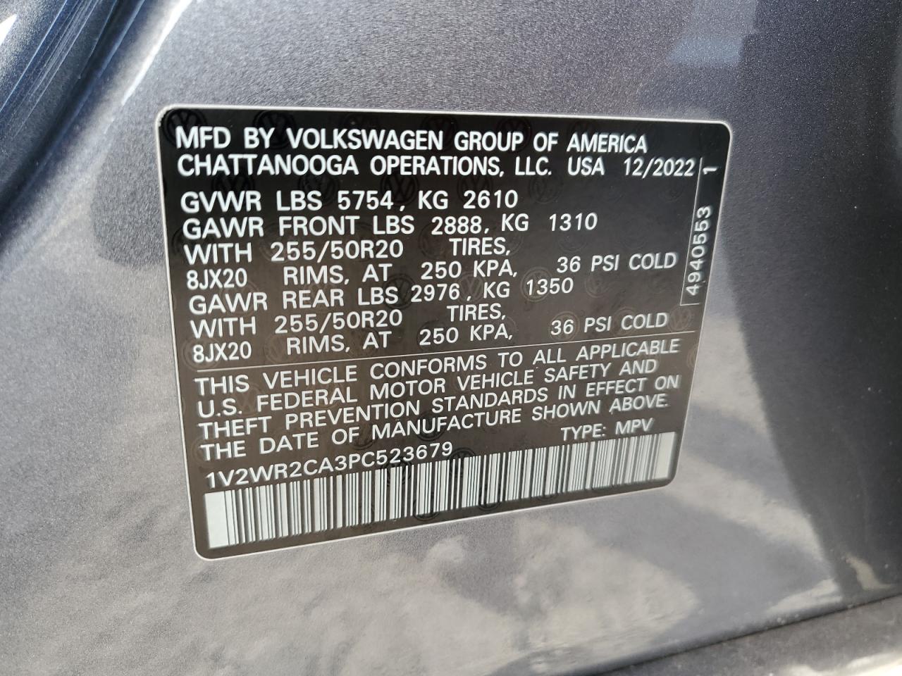 2023 Volkswagen Atlas Se VIN: 1V2WR2CA3PC523679 Lot: 41536764