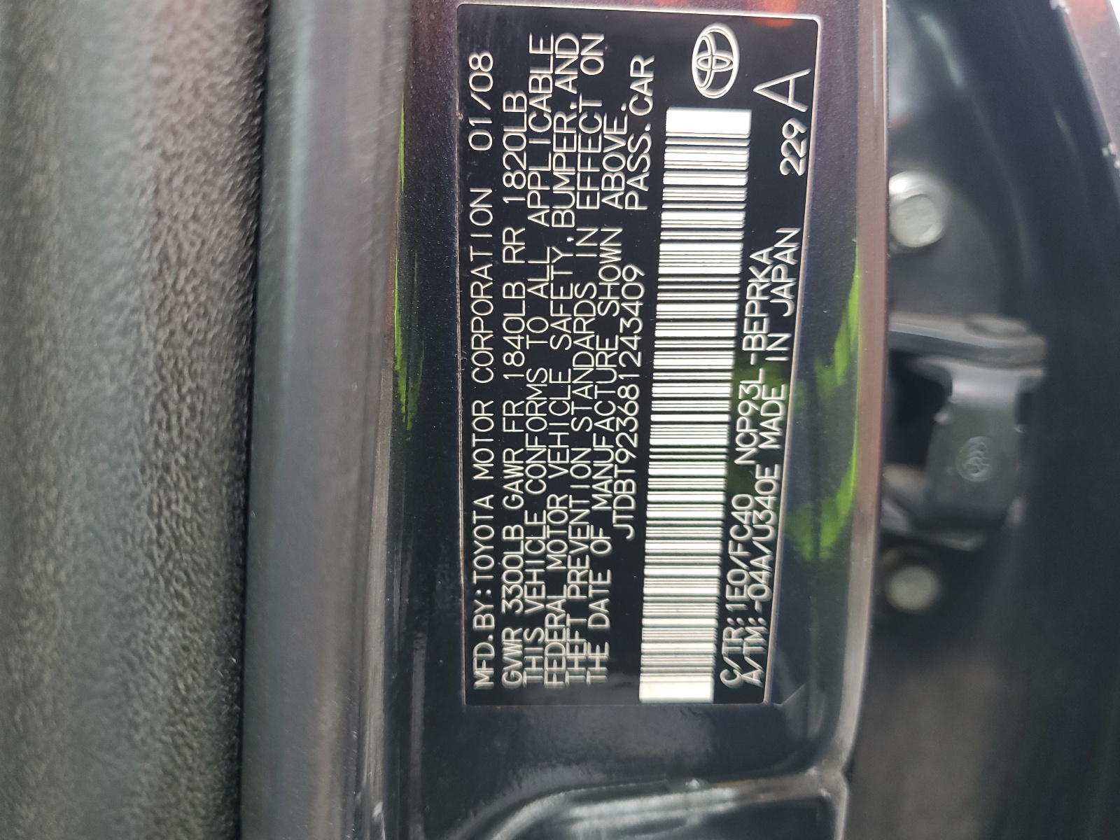 JTDBT923681243409 2008 Toyota Yaris