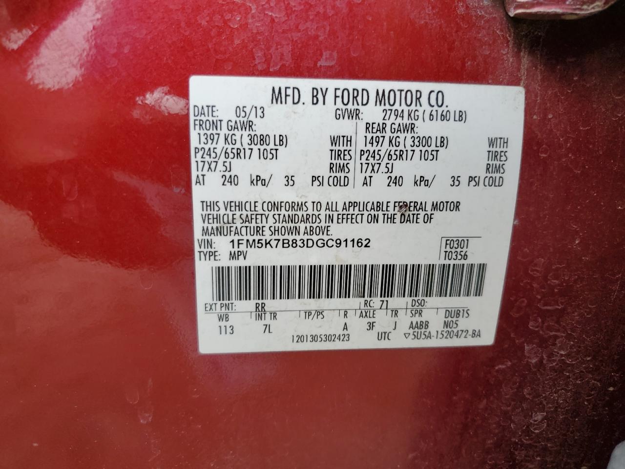 2013 Ford Explorer VIN: 1FM5K7B83DGC91162 Lot: 44567034