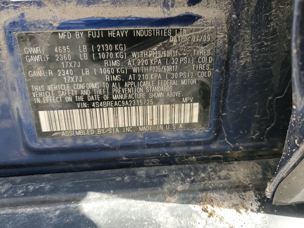 2010 Subaru Outback 3.6R VIN: 4S4BREAC9A2315725 Lot: 41292774