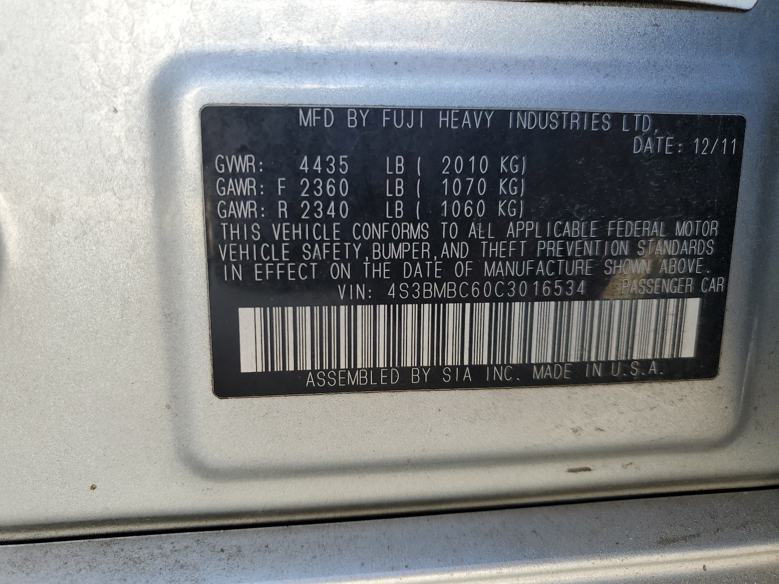 4s3bmbc60c3016534 4S3BMBC60C3016534 2012 Subaru Legacy 2.5I Premium