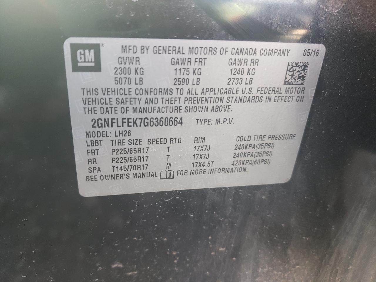 2GNFLFEK7G6360664 2016 Chevrolet Equinox Lt