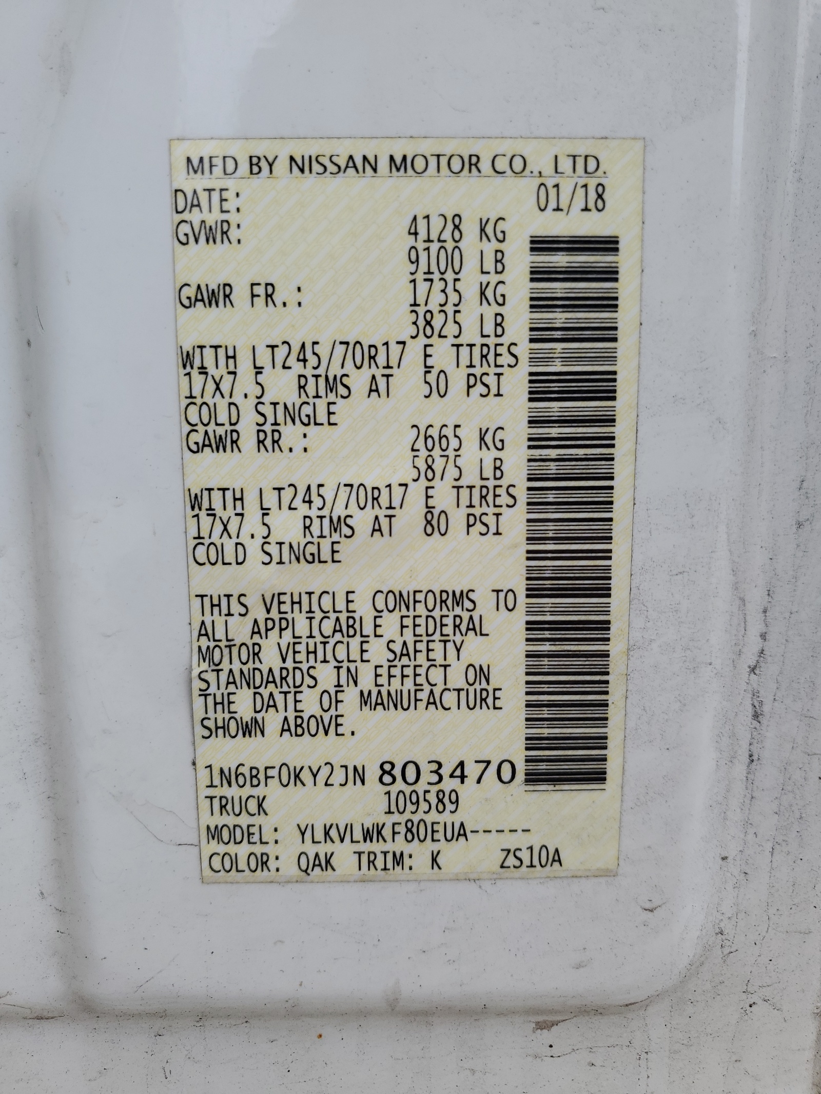 1N6BF0KY2JN803470 2018 Nissan Nv 1500 S