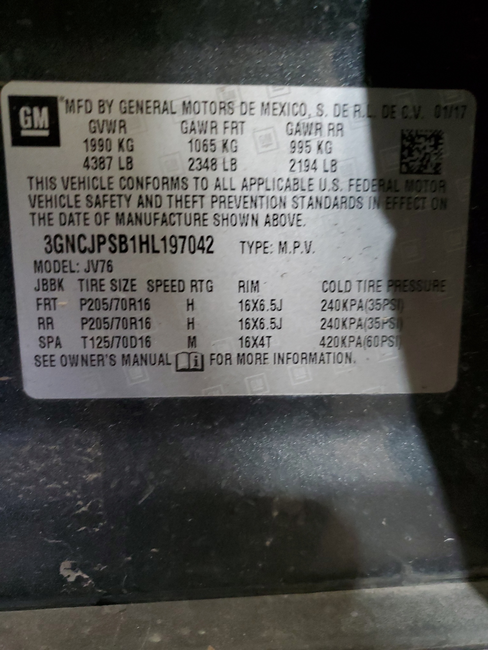 3GNCJPSB1HL197042 2017 Chevrolet Trax 1Lt