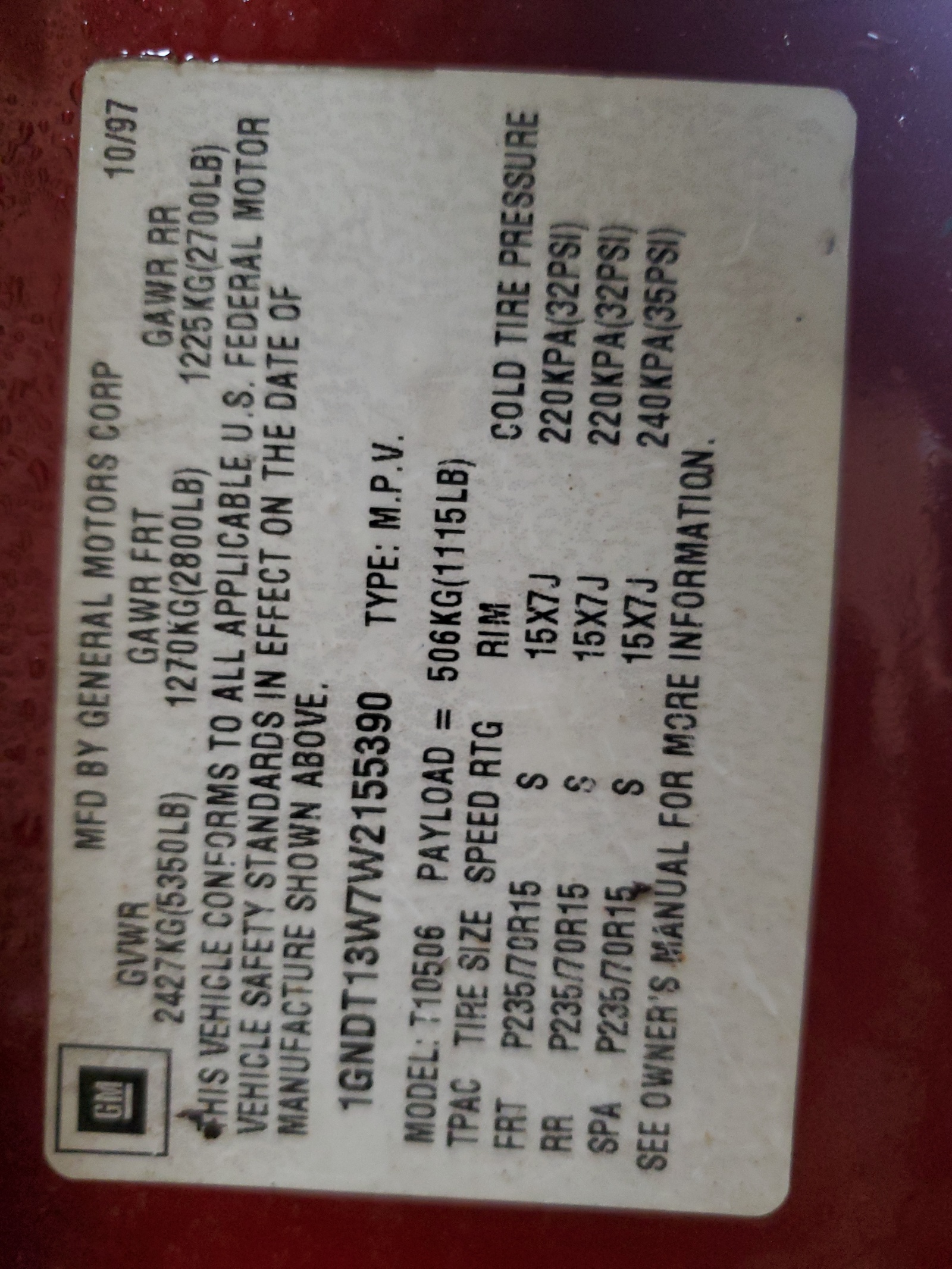 1GNDT13W7W2155390 1998 Chevrolet Blazer