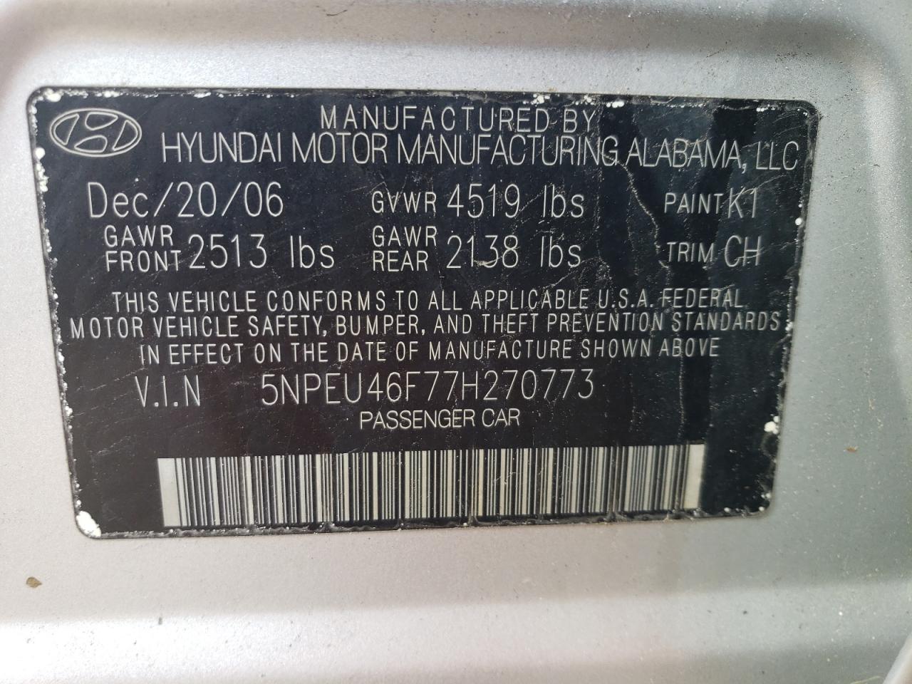 5NPEU46F77H270773 2007 Hyundai Sonata Se