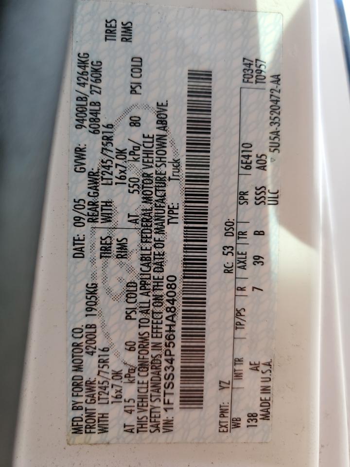 2006 Ford Econoline E350 Super Duty Van VIN: 1FTSS34P56HA84080 Lot: 42193054