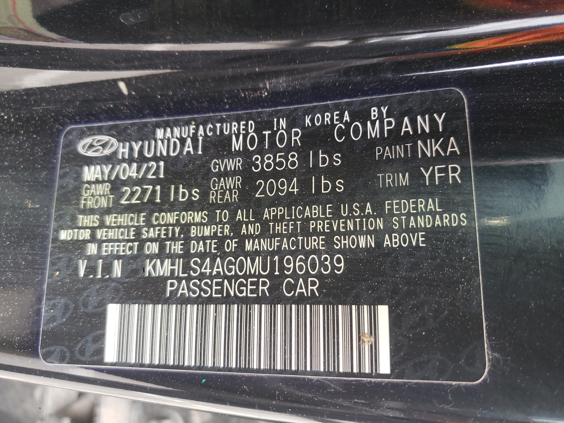 2021 Hyundai Elantra Sel vin: KMHLS4AG0MU196039