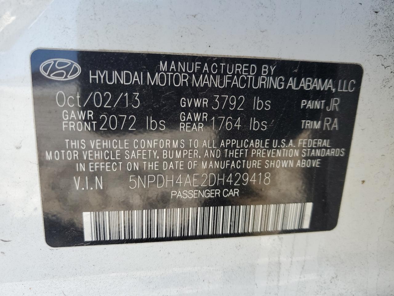 2013 Hyundai Elantra Gls VIN: 5NPDH4AE2DH429418 Lot: 43662054