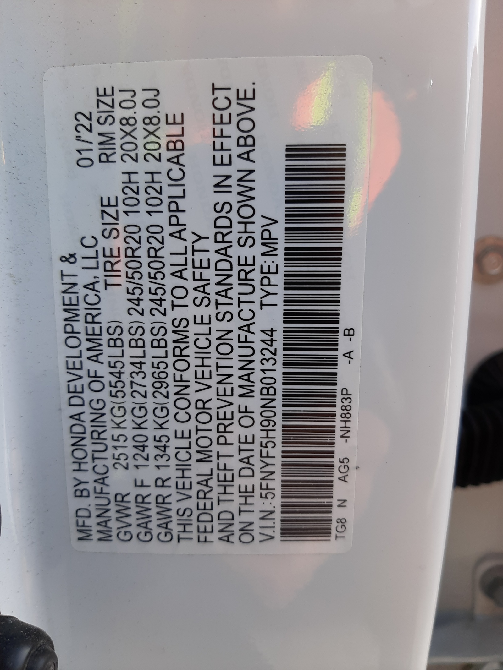 5FNYF5H90NB013244 2022 Honda Pilot Touring