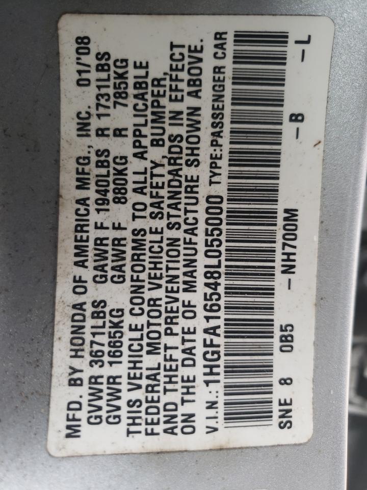 2008 Honda Civic Lx VIN: 1HGFA16548L055000 Lot: 43825624