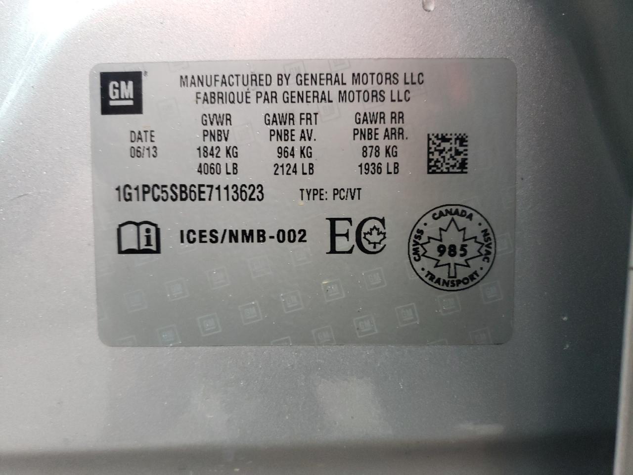 2014 Chevrolet Cruze Lt VIN: 1G1PC5SB6E7113623 Lot: 41166544