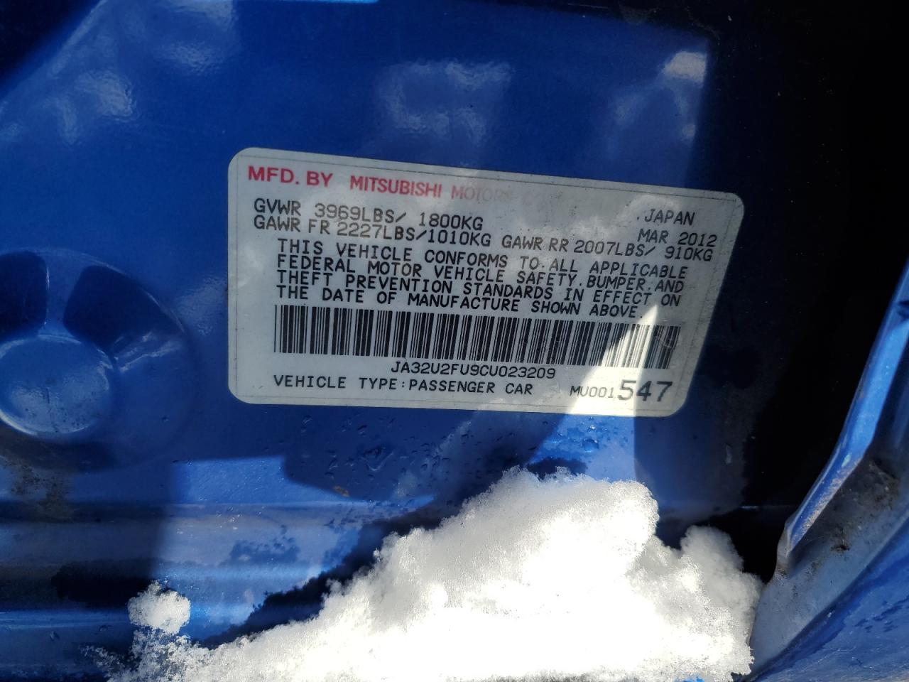 2012 Mitsubishi Lancer Es/Es Sport VIN: JA32U2FU9CU023209 Lot: 42080464