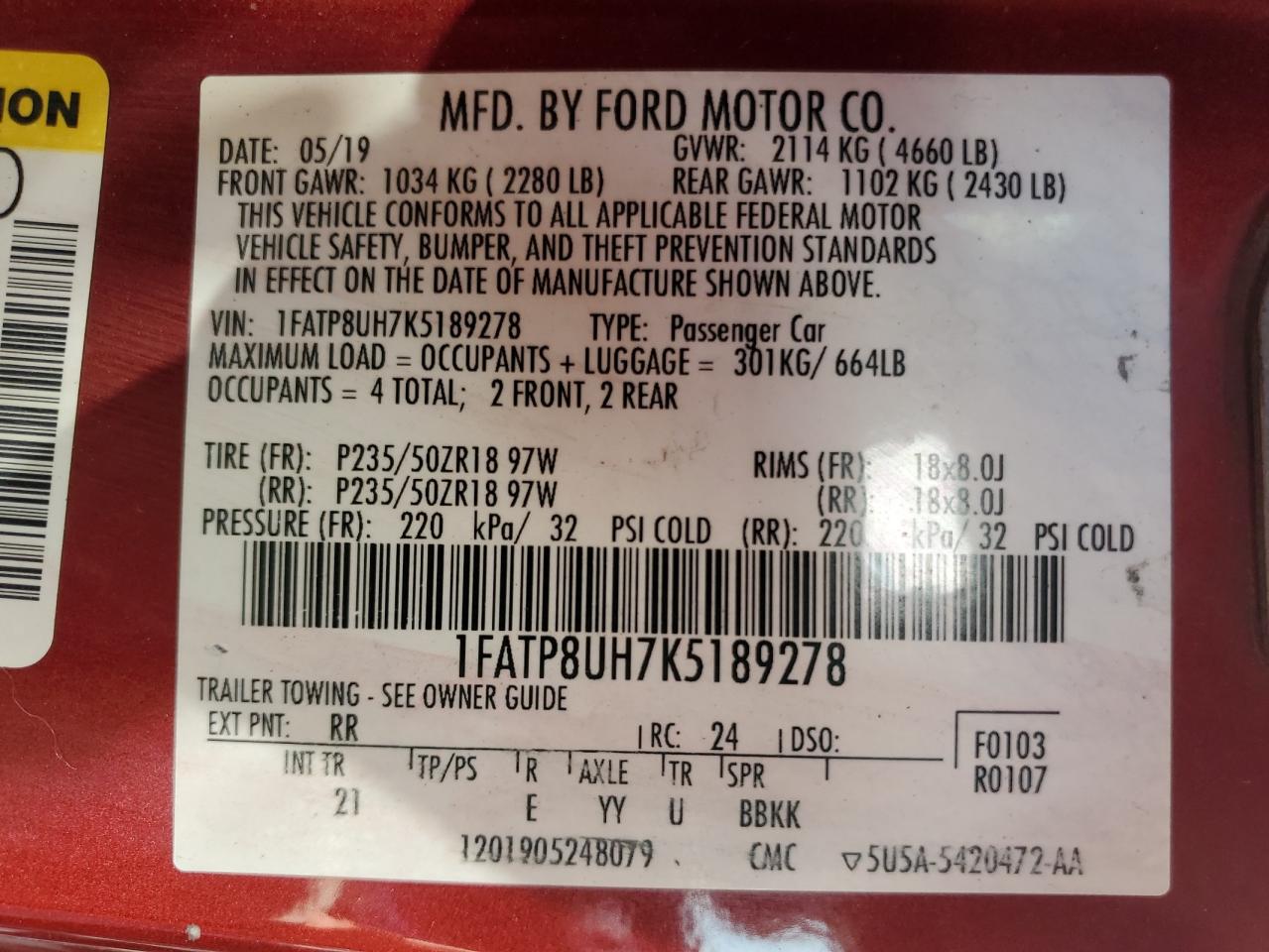 2019 Ford Mustang VIN: 1FATP8UH7K5189278 Lot: 44752954