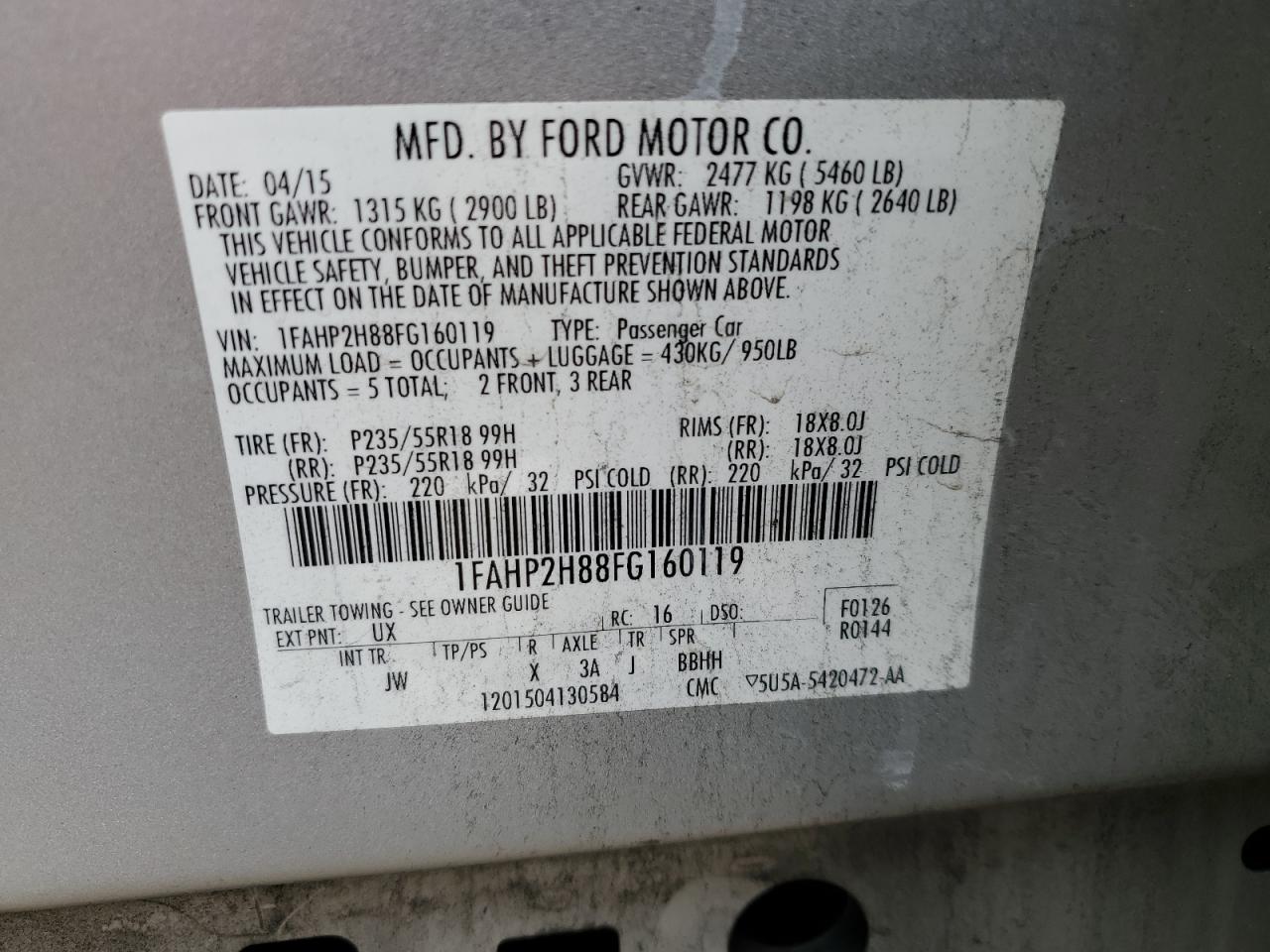 VIN 1FAHP2H88FG160119 2015 FORD TAURUS no.12